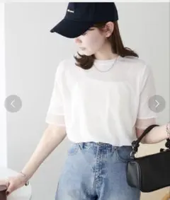 シアー袖切替5分袖Tシャツ