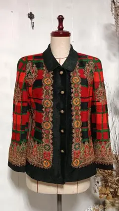vintage ヴィンテージ赤黒グリーンチェックスカーフ柄ジャケット