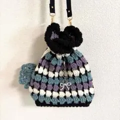 巾着袋　ショルダーバッグ　編み物　レトロ模様　グラニーバッグ