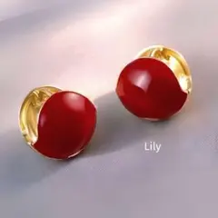 ✨ 半円形 赤 ピアス ゴールド フープ エレガント 深紅 ヴィンテージ