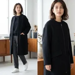 スピック＆スパン ノーカラーコート フロントジップ 黒 Lサイズ