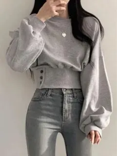 SHEIN 絞りウエスト ボタンデザイン ランタンスリーブ スウェットシャツ