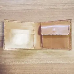 【在庫処分】二つ折り財布 小銭入れあり ヌメ革 牛革 キャメル ハンドメイド