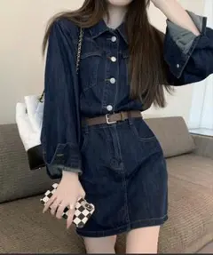 【ショート丈】長袖 セパレート風 Aライン デニム ワンピース レディースのサムネイル