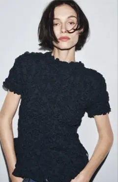 ZARAテクスチャードニットリボン付きトップス M