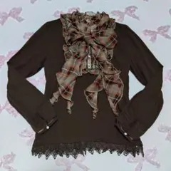 チェック柄 リボン ブラウン フリル付き長袖トップス 重ね着風