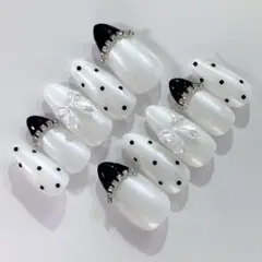 現品❤︎ブラックフレンチ×ドット ネイルチップ 韓国 ワンホン　リボン　スナ系
