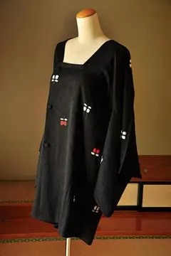 道行　道中着　正絹　ブラック　遠州椿　絞り　着物　レトロ