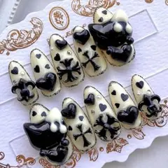 ネイルチップ 量産型 地雷 サブカル 天使界隈 黒 黄色 猫 ハート クロム