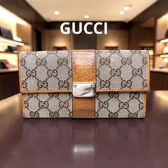 GUCCIグッチ キャンバス レザー 長財布 ブラウン　銀プレート　ビンテージ