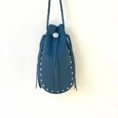 レザー巾着ショルダーバッグ XLコインコンチョ Mサイズ ブラック 