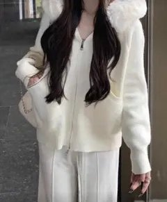 SHEIN ニットセーター パーカー ファーフード付き