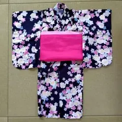 子供用 花柄 浴衣 ネイビー 紺　綿100%　100cm 帯　セット