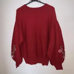 花柄刺繍 ボリューム袖 ニット レッド