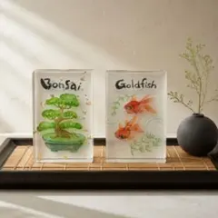盆栽 金魚 和風アクリルオブジェ2点セットBonsai & Goldfish