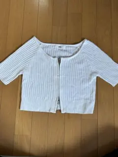 リブ編みホワイト半袖カーディガン ダブルジップ