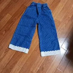 ドット柄 デニム ワイドパンツ レース裾