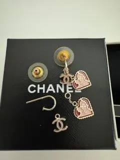 正規品☆シャネルハートココマークチャームピアス ピンクCHANELゴールドフープ