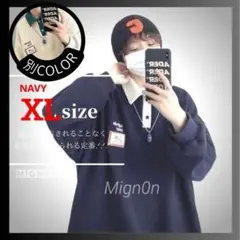 ワッフル【XL　ネイビー】カップルウェア セーター カレッジスタイル 585