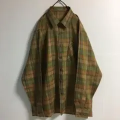 日本製 90s 古着 麻100％ チェック リネンシャツ 透け感 長袖メンズL