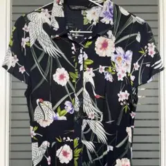 ZARA WOMAN 花&鶴柄 半袖シャツワンピース 濃紺 XS 中古
