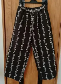 サマンサモスモスL花柄総刺繍綿麻パンツワイドパンツSM2ブラック