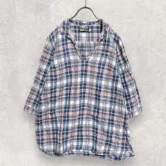 チェック柄 シャツ L 青 赤 七分袖 スキッパー カジュアル シンプル 着回し