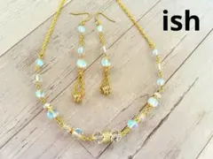 【C077】ishルナフラッシュ・ジルコニアロンデル・本水晶ネックレス＆ピアス