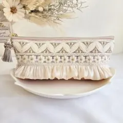 訳あり　再販【 20cm 】ペンケース ピンク ハート インド刺繍