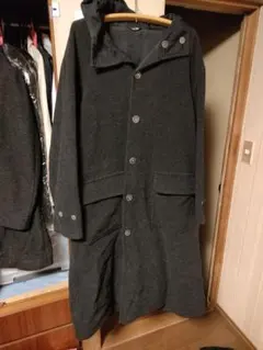 ダークグレー フード付きウールコート 日本製　TEIJIN