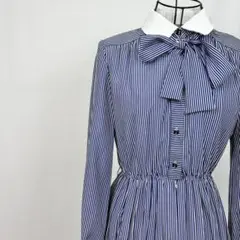 美品✨ 東京スタイル ストライプ リボン 長袖 ロング ワンピース 高級 レトロ