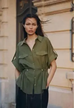 ZARA オリーブグリーン 半袖シャツ ウエスト調整可能
