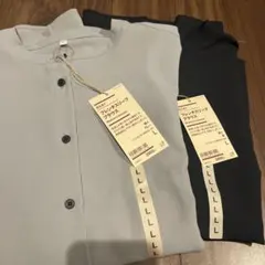 無印良品　風を通す　フレンチスリーブブラウス　Ｌ　グレー＋黒