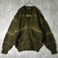 상태좋음 ヴィンテージ ニット カーディガン 緑 総柄 ウール
