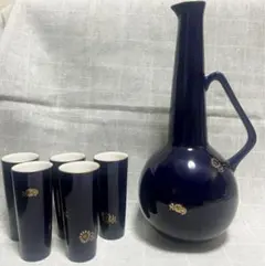 酒器　藍色 金巻き 花