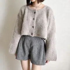 GRLグレイルウール混フレアスリーブショート丈ニットカーディガン　an1280