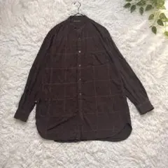Z【ニコアンド】バントカラーシャツ 4 綿100％ チェック 長袖 茶色 メンズ