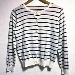 【美品】VIS コットン ボーダー クルーカーディガン 白黒 L