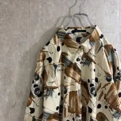 抽象柄 長袖シャツ ベージュ・ブラウン　総柄