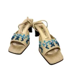 銀座かねまつサンダル23.5cm 花柄 刺繍 ストラップミュール ベージュヒール