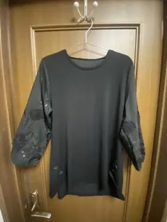 ブラック 花柄刺繍 五分袖チュニック M〜L