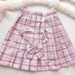 【値引き中】制服コスプレ ピンク チェック プリーツスカート リボン付き