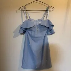 水色 オフショルダー フリルドレス