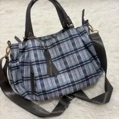 マドモワゼル　ザザ はっ水ナイロン 軽量２ウェイバッグ　水色　チェック