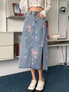 【インディゴブルーデニム★ＸＬ】ロングスカート 花柄プリント 大きめ