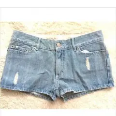 ローライズMORGANクラッシュダメージサックスブルーデニムショートパンツ