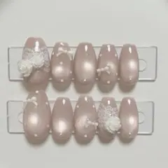 【現品】ネイルチップ 韓国風 マグネット シンプル リボン レース ガーリー