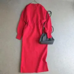 【極美品】アダムエロペ　フォルムニットワンピース　ドロスト　赤　ロング