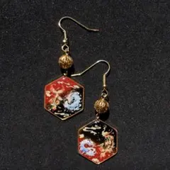 和風　赤×黒　龍と鳳凰　六角形　ピアス