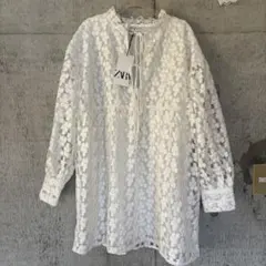 【新品】ZARA ザラ　フラワーチュニックワンピース　レース　花柄刺繍　 L